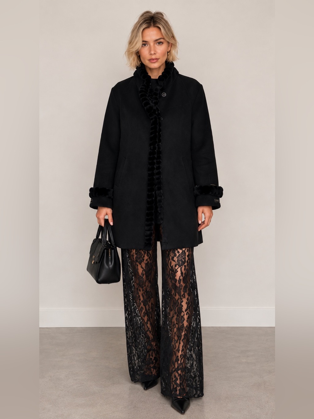 Jones New York Black Angora Wool Fur Trim Coat 12 Mob Wife Vintage Old Money